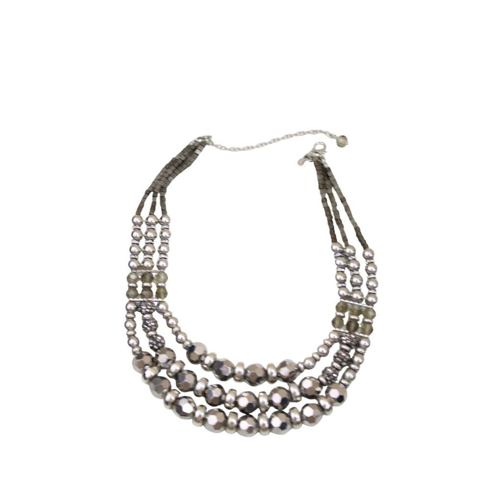 Chicos Gray Silver Beaded Statement Necklace Mult… - image 1
